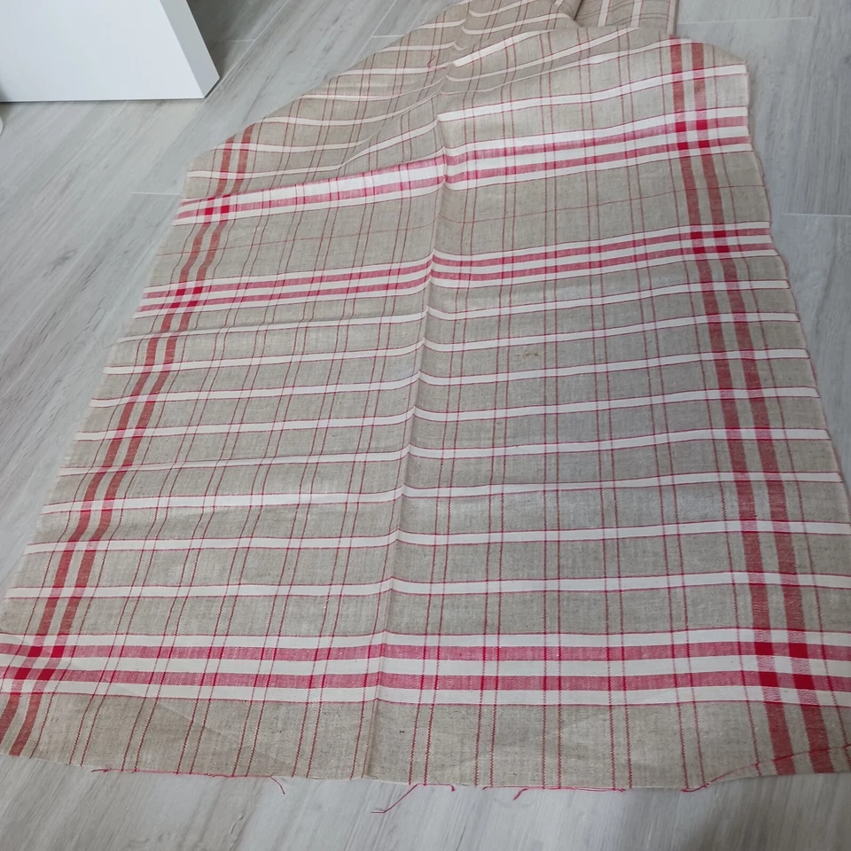 Coupon ancien pour torchon – lin & coton – 345 x 68 cm – rayures rouges – rusti - Photo 2/4
