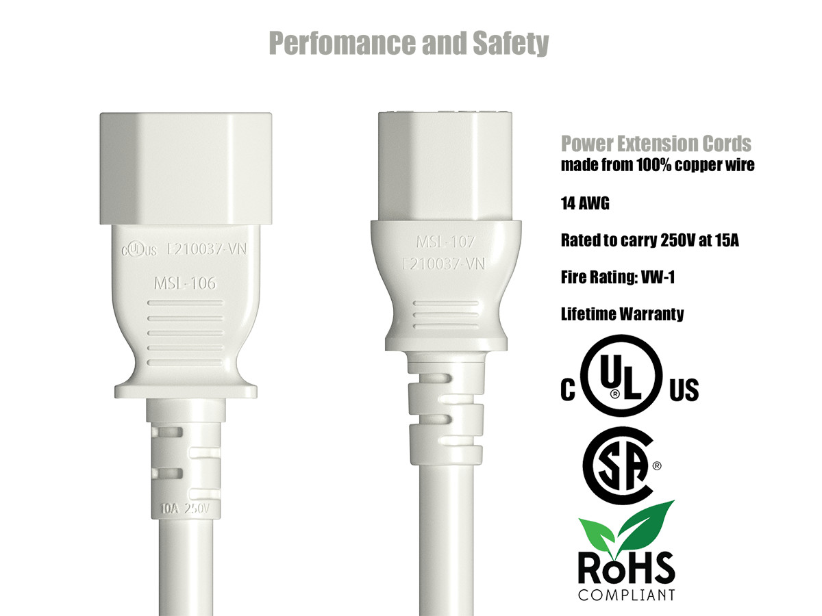 Cable Leader 2ft C13 to C14 Heavy-Duty Power Extension Cord 14 AWG 15A WHITE