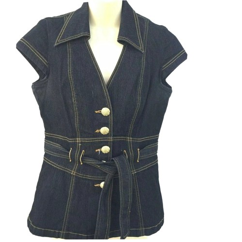 Bisou Bisou Belted Denim Blue Blouse Short Sleeve Size M | eBay