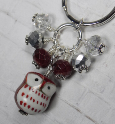 Brown Owl Cluster Keychain Ceramic Crystal Beaded Handmade Split Key Ring New