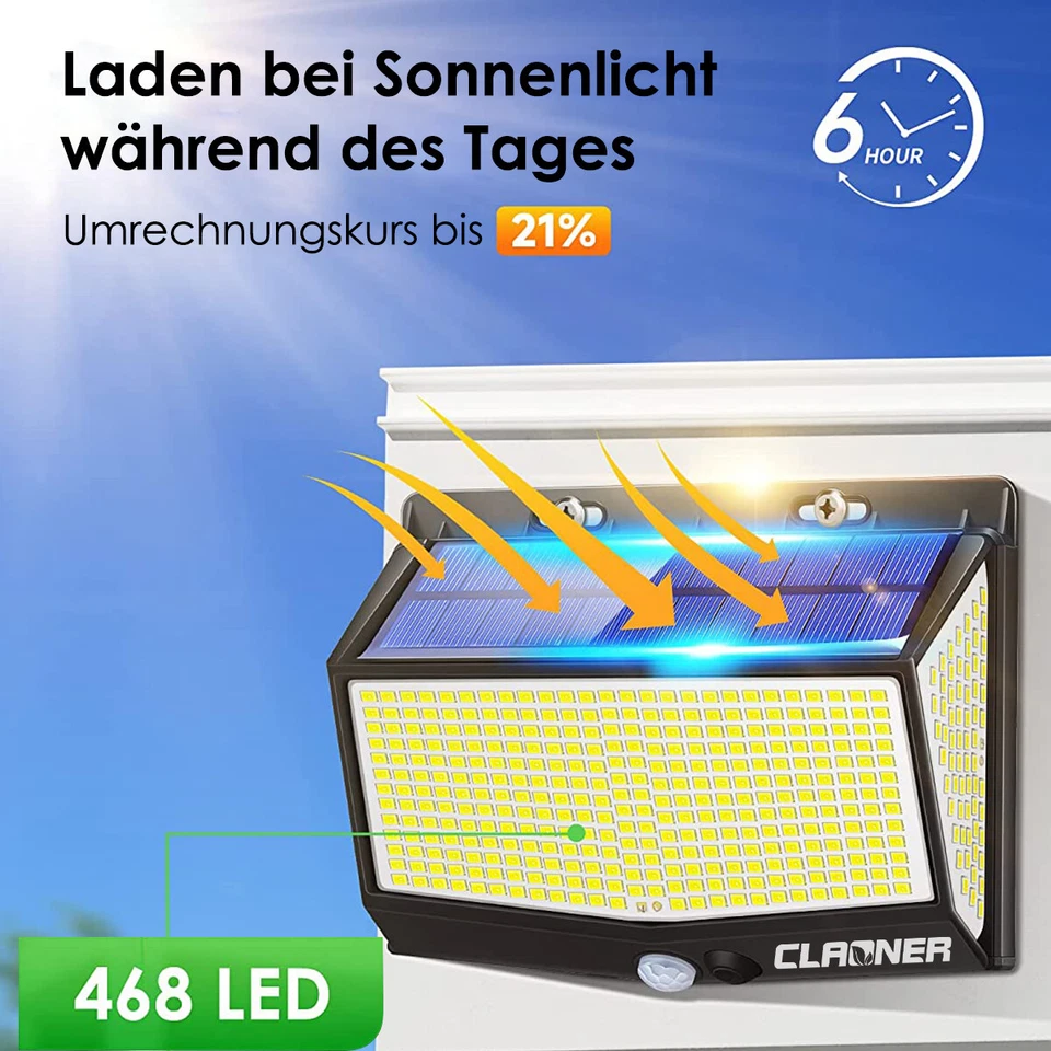 4x Solarlampen mit Bewegungsmelder 468LED Aussen Solarleuchten 3Modi Wandleuchte - Bild 2 von 4