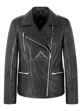 Ladies Quilted Biker Leather Jacket Black Classic Motorcycle Casual Style Bella