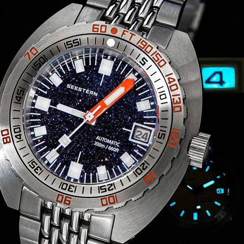 Seestern V3 42MM SUB 300T LUME DATE 200m DIVER'S Mens Watch DOX10 BlueGold Stone