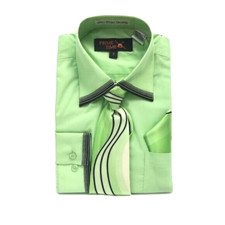 Prime Time Boys' Lime Green Dress Shirt Green Cream Black Tie Hanky Sizes 4 - 7