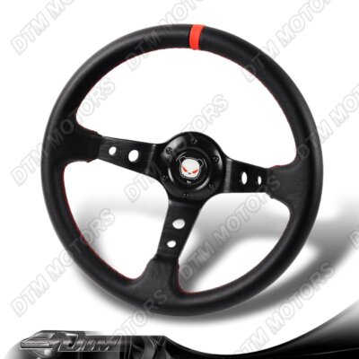 Universal 6 Hole JDM 350mm Black PVC Leather Racing Steering Wheel Red Stitches