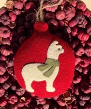 Primitive Christmas Red Wool Ornie w Off White Llama Alpaca Applique Ornanemt