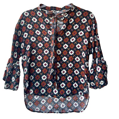 Beatrice B Silk Floral Bell Sleeve Tie Neckline Top Size M Dressy Elegant