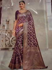 Purple  Gold Banarasi Saree With Unstitched Blouse