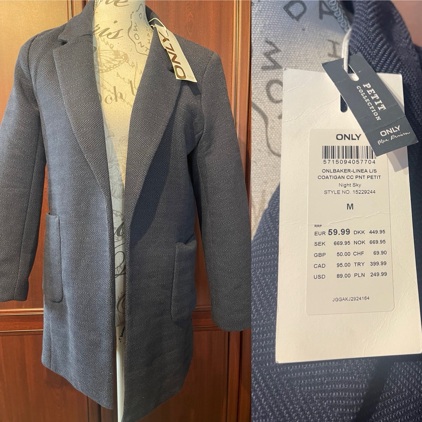 SOLO Abrigo Nuevo con Etiquetas Mediano 40” Petite-NIGHT SKY Denim Tweed RP€59.99