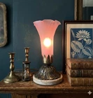 Vintage 90s Tiffany Style Lily Pad Lamp Frosted Pink Tulip Flower Accent Light