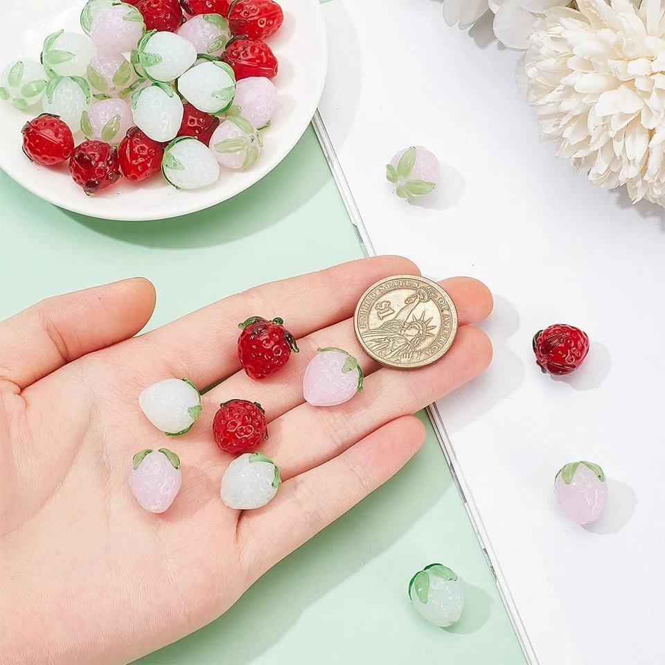 36 Pcs 3 Color Strawberry Glass Beads, 15Mm Handmade Lampwork Fruit Beads for DI - Image 3 of 4