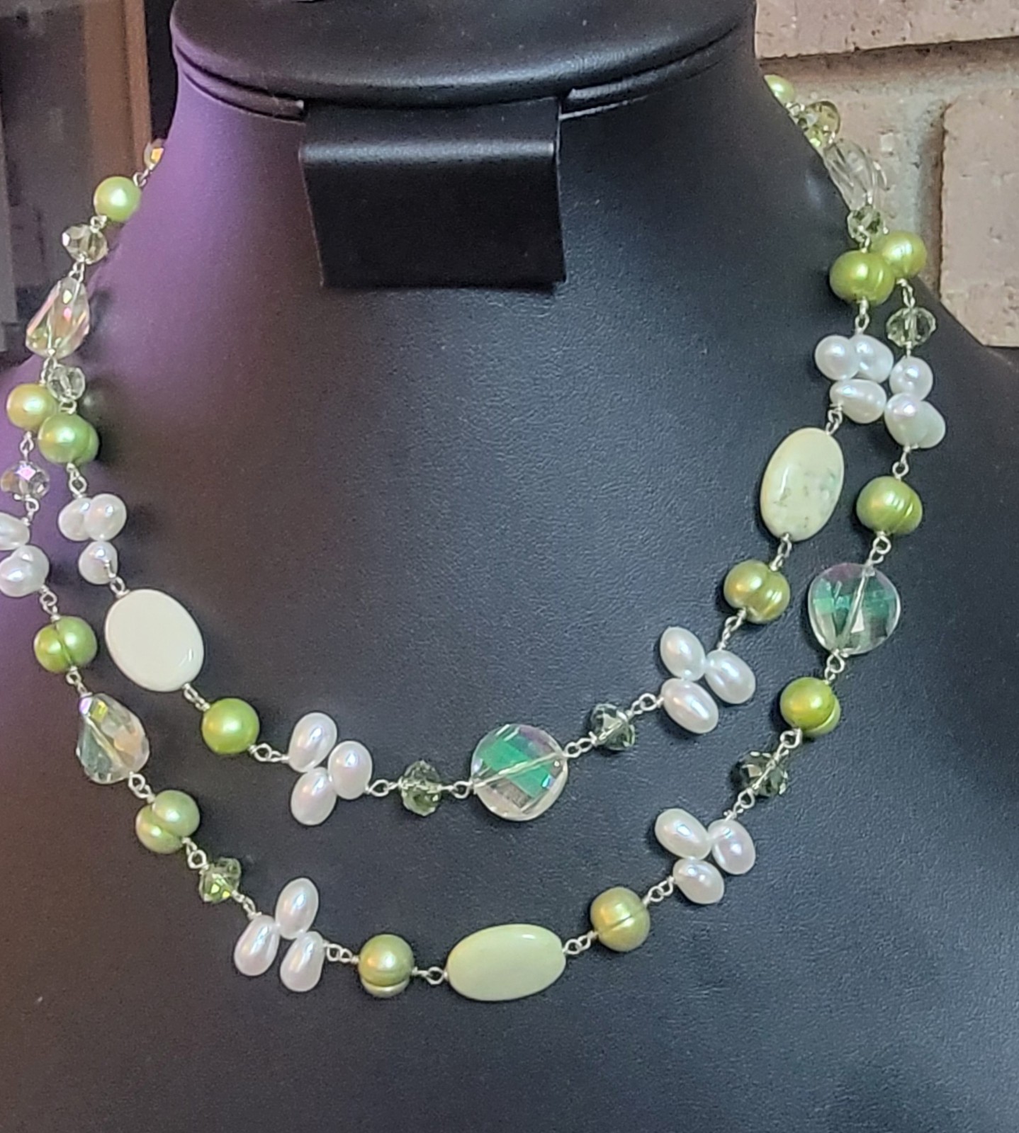 Stunning Green Statement Double Strand Necklace W… - image 1