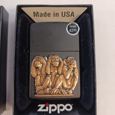 Zippo Three Monkeys Emblem Black Matte Windproof Pocket Lighter