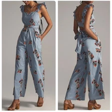 Bel Kazan Blue Floral Organic Cotton Wide Leg Jumpsuit – Size Small