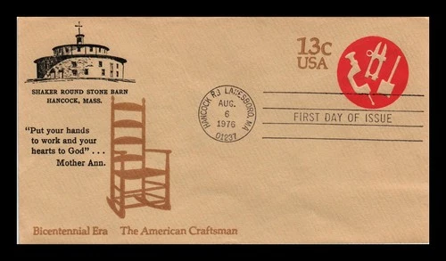 US COVER AMERICAN CRAFTSMAN POSTAL STATIONERY FDC SHAKER ROUND STONE BARN