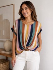 W5 Womens Multicolor Striped Twist Front Roun...