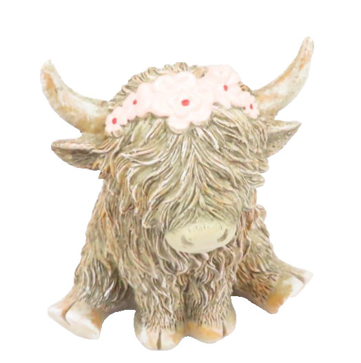 Happy Highland Cow Ornament Wearing a Pink Floral Headband 10 CM Gift Home Decor