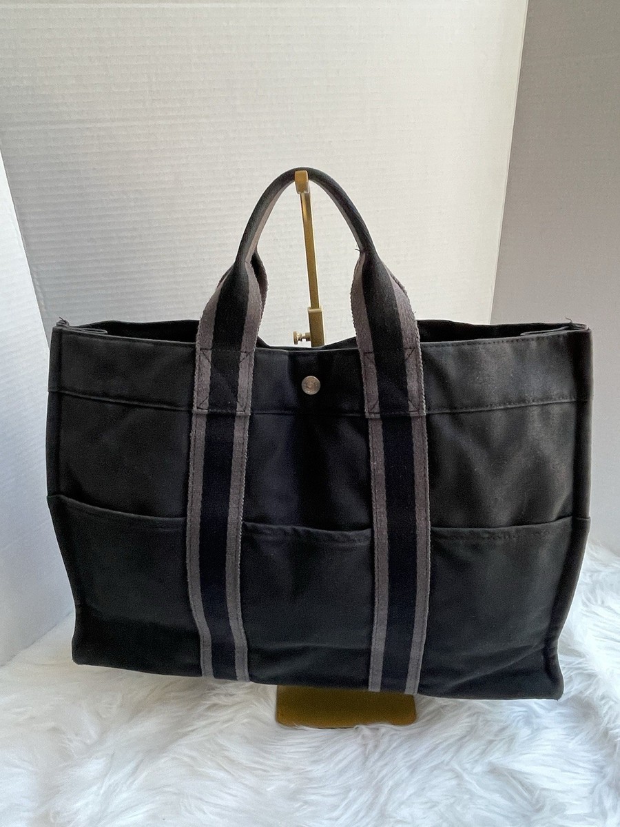 Hermes Herline Canvas Tote Black Gray One Interior Zip Pocket | eBay