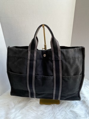 Hermes Herline Canvas Tote Black Gray One Interior Zip Pocket | eBay