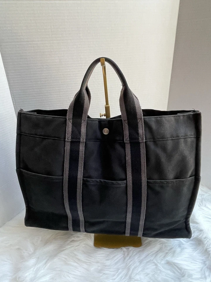 Hermes Herline Canvas Tote Black Gray One Interior Zip Pocket - Image 2 of 4