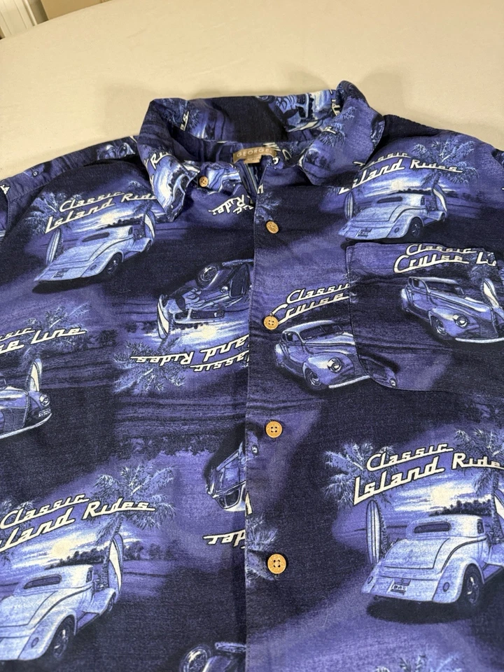 George 2XL Classic Island Rides Hot Rod Car Hawaiian Shirt Rayon Aloha Blue - Image 4 of 4