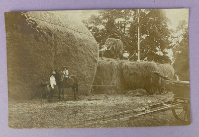 Heuernte Heustapelung mit Trägersystem Original frühe Landwirtschaft Postkarte RPPC