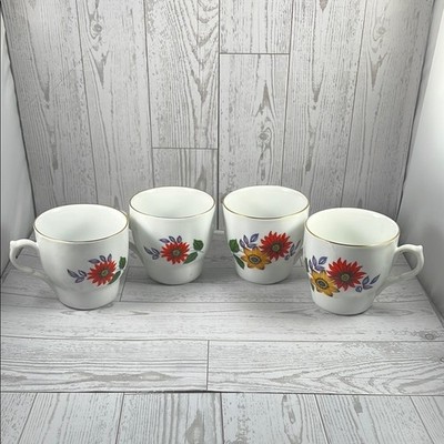 4 JRJS Cluj Regent Porcelain Floral Cups w/Gold Rim - Made in Romania