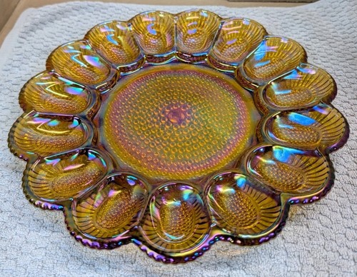 Vintage Indiana Glass Amber Carnival Glass Hobnail Deviled Egg Plate Platter 11"