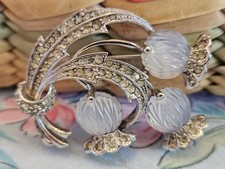 Vintage Rare Pennino Flower Brooch Carved Moonstone Clear Rhinestones Fuschia