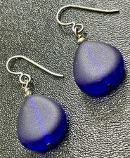 Vintage 1.5 Blue Sea Glass Bead Silver Tone Dangle Earrings