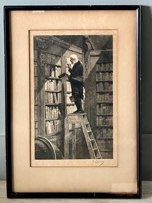 Antique Gustave Mercier Signed Etching ''The Bookworm'' After Carl Spitzweg Framed