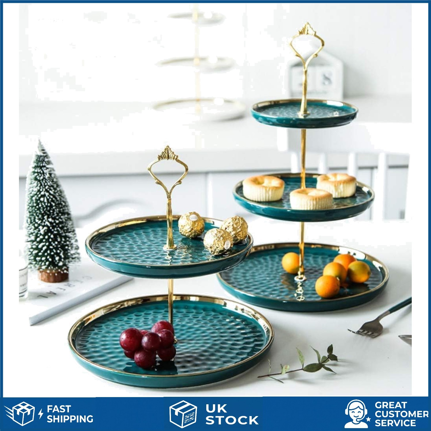 Elegant Porcelain Tiered Cupcake Stand Green Dessert Serving Tray Set 2 Pack