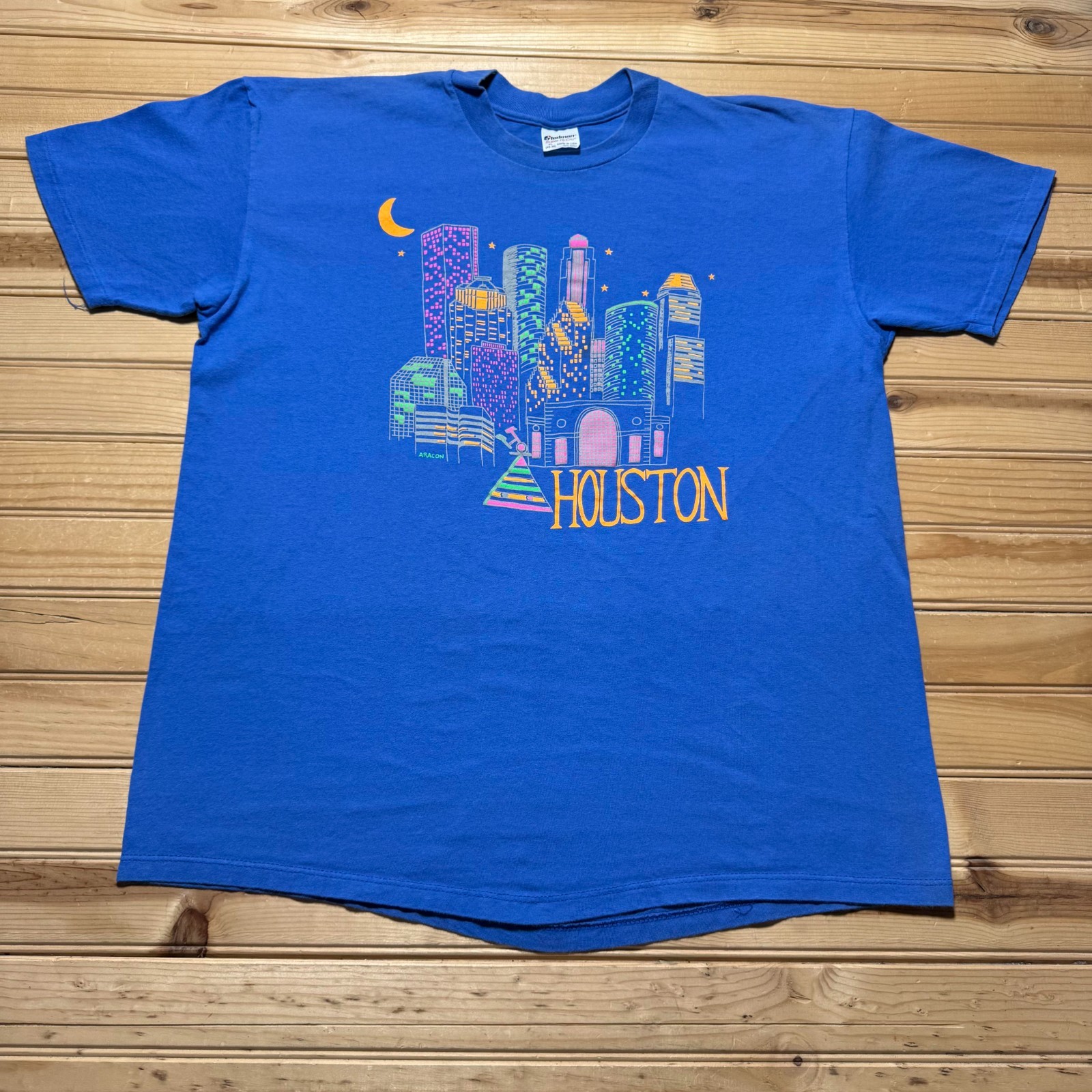 Vintage 80s Houston Texas Neon Skyline Cityscape Moon Graphic T-Shirt USA - XL