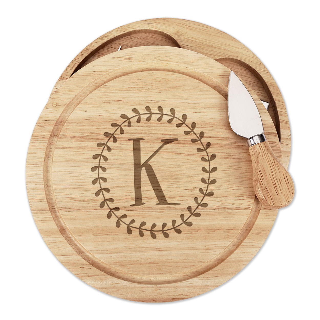 Letter K Floral Wreath Alphabet Cheese Board Knife Set Flowers