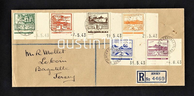 Rare 1943 Channel Islands 'Jersey Views' Cover showing Stamp Sheet Print Dates