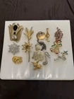 Vintage costume, jewelry, brooch, lot of 15 women’s ladies gold – silver tone