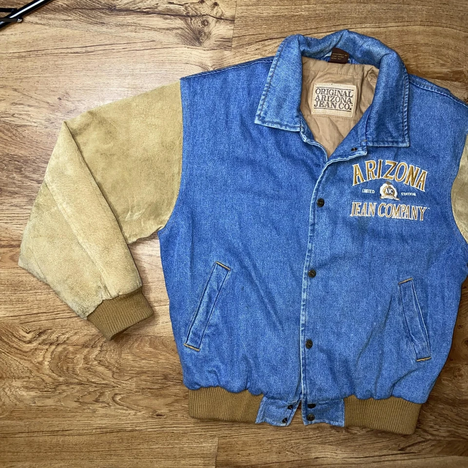 复古 Arizona Jean Company 夹克男式小号蓝色牛仔皮革轰炸机 90 年代 — 第 2/4 张图片