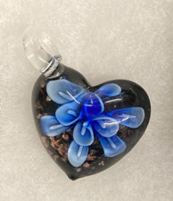 BEAUTIFUL ART GLASS BLUE FLOWERS LOVE HEART PENDANT