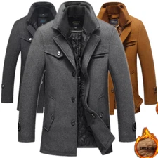 2024 Mens Boys Casual Wool Jackets Pea Coat Winter Warm Trench Overcoat Outwear