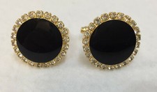 Cuff Links Onyx Like Stone w/ Rhinestone Accents Round Gold Tone Metal Pair