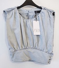 Zara Light Blue Denim Gathered Voluminous Puff Top Size S Fit Size 8 10