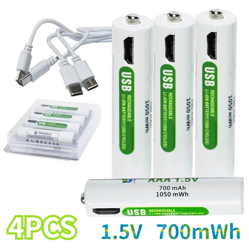 4X USB-C Rechargeable 700mWh AAA Lithium Batteries with Charging Cable-image