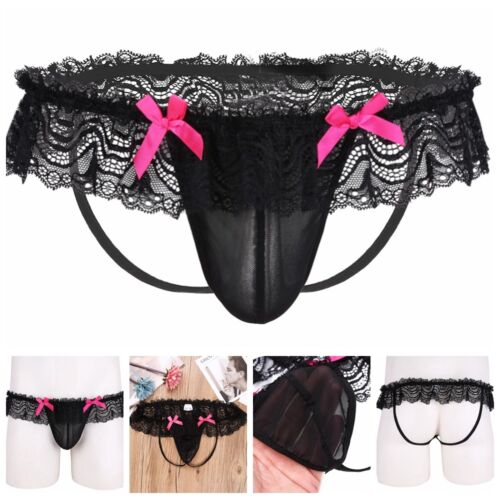 Sexy Sissy Men's Lingerie Mesh Lace Bowknot Open Butt Jockstrap Briefs Underwear - Picture 1 of 11
