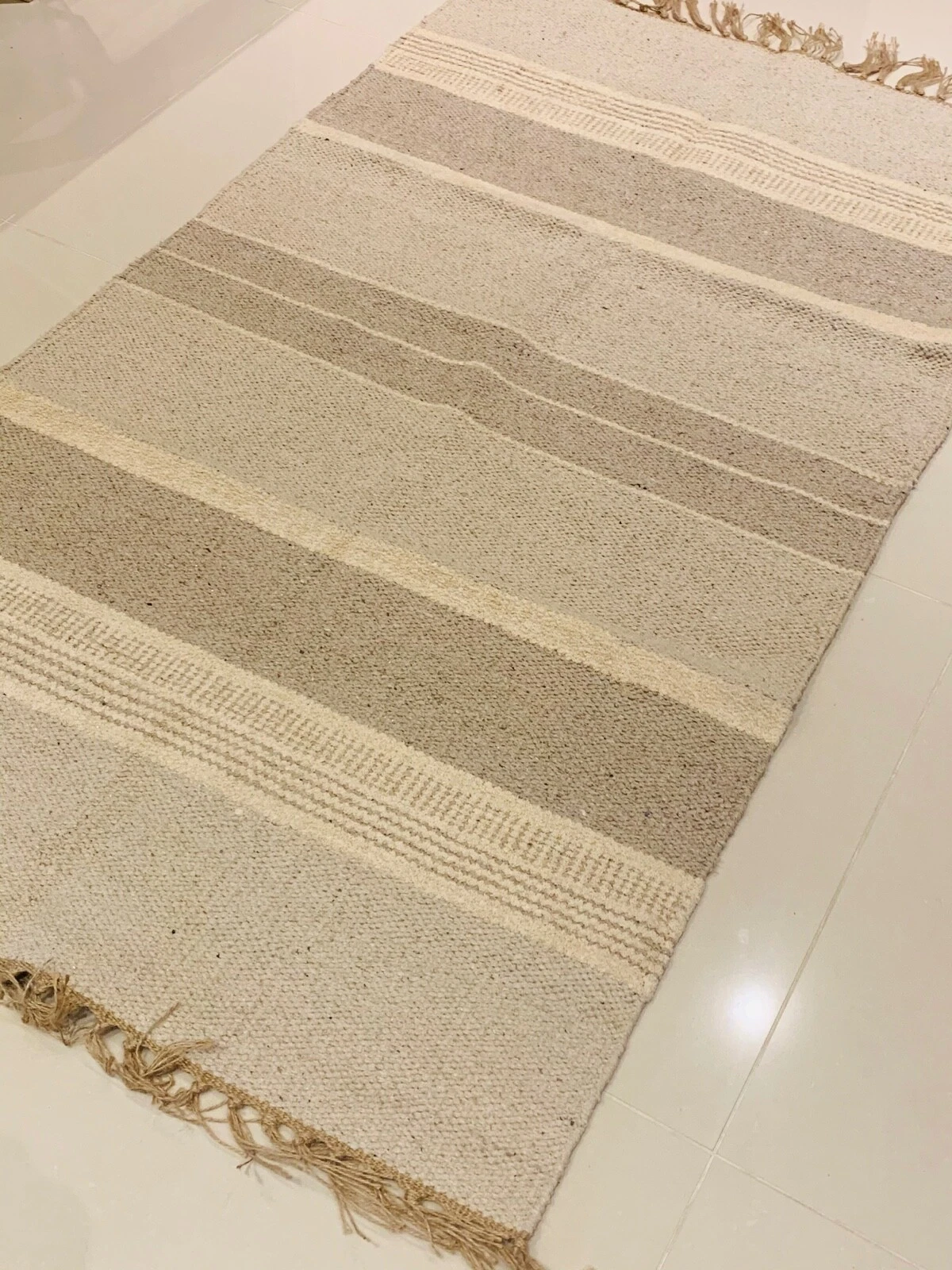 Natural Cream Stone Grey Striped Recycled Cotton Rich Jute Washable Rugs Runner