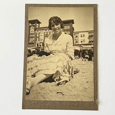 Antique Mounted Photograph Beautiful Young Woman In Lace Dress On Beach