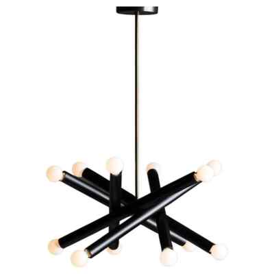 Mid-Century Modern Sputnik Chandelier   Black Metal & Brass Tubular Design Light