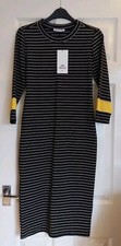 NEW Zara Black & White Stripe Bodycon Midi Dress with Yellow Sleeve Medium 10