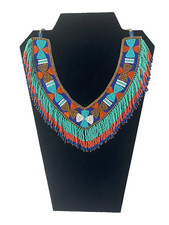Turquoise Coral Seed Bead Bib Necklace Fringe Boho Statement Collar Wide