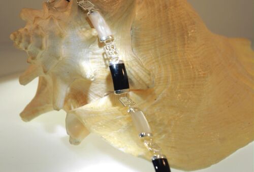 9MM SOLID 925 SILVER MOTHER OF PEARL BLACK JADE GOOD LUCK SYMBOLS BRACELET 7.5" - Picture 3 of 11