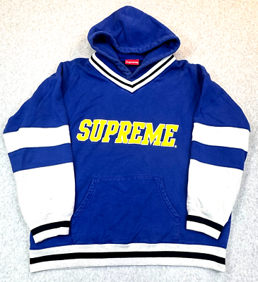 Supreme Hockey Pullover Hoodie Men's Large Blue Hype Yellow Spell